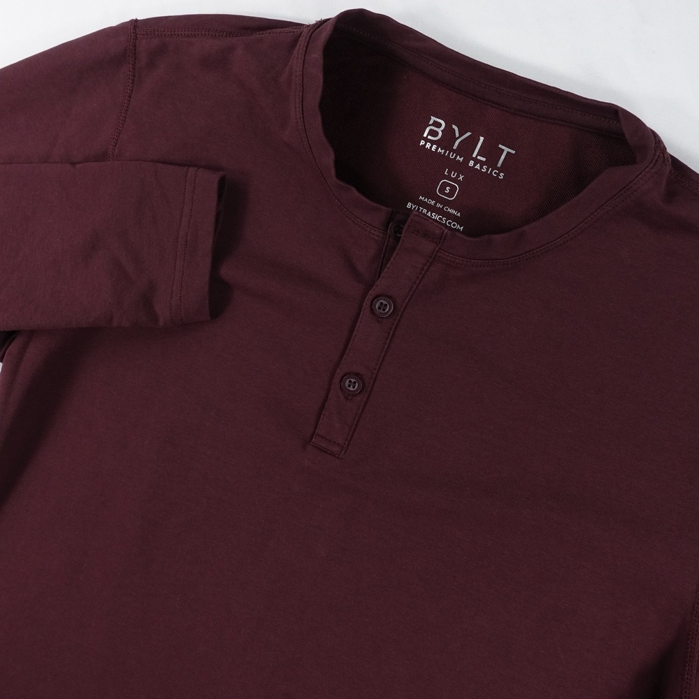 BYLT‎ Lux Henley Shirt Men's Small Drop Cut Long Sleeve Casual Maroon - Picture 2 of 12